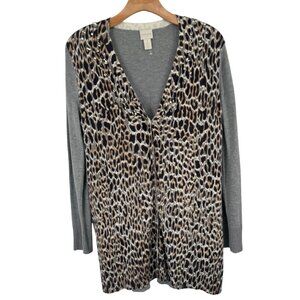 Chico's Leopard Print Open Cardigan Sweater Gray Long Sleeve Women's Size medium